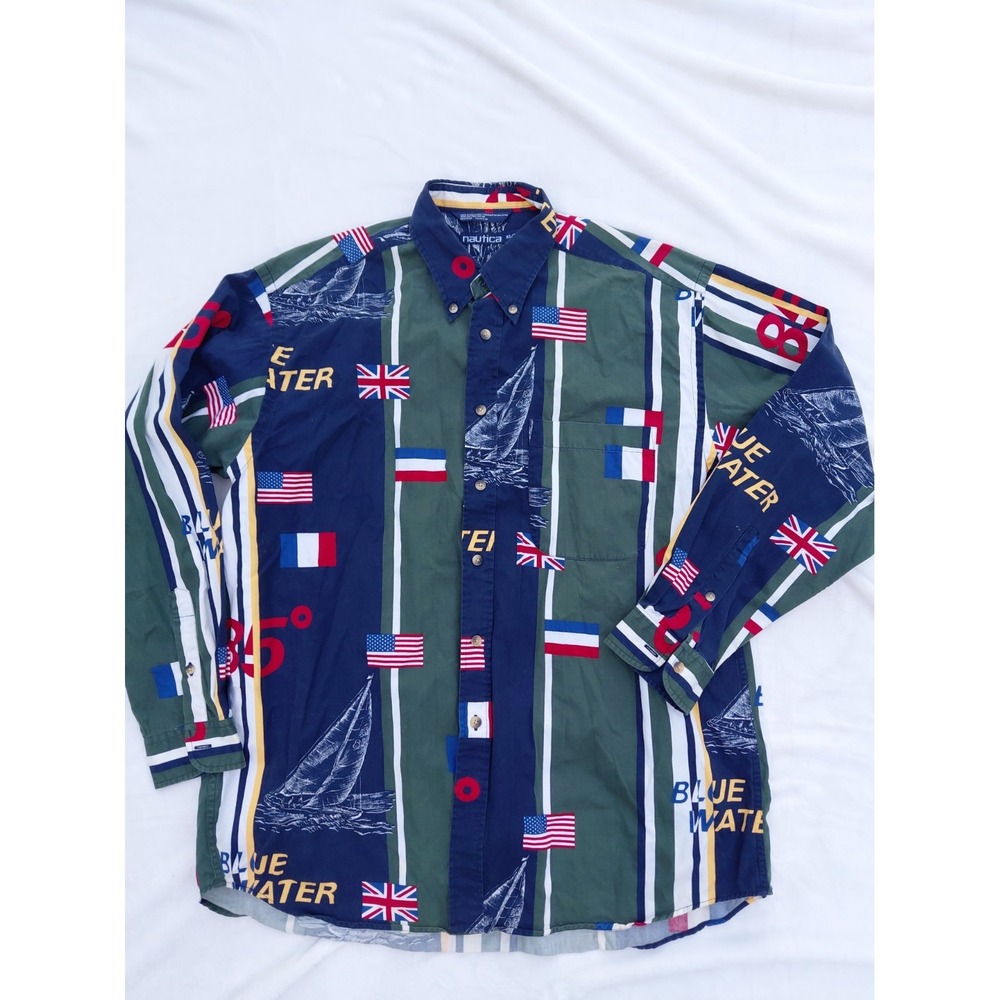 Vintage 90's Nautica Blue Water Challenge Flags Button-Down Shirt Mens XL